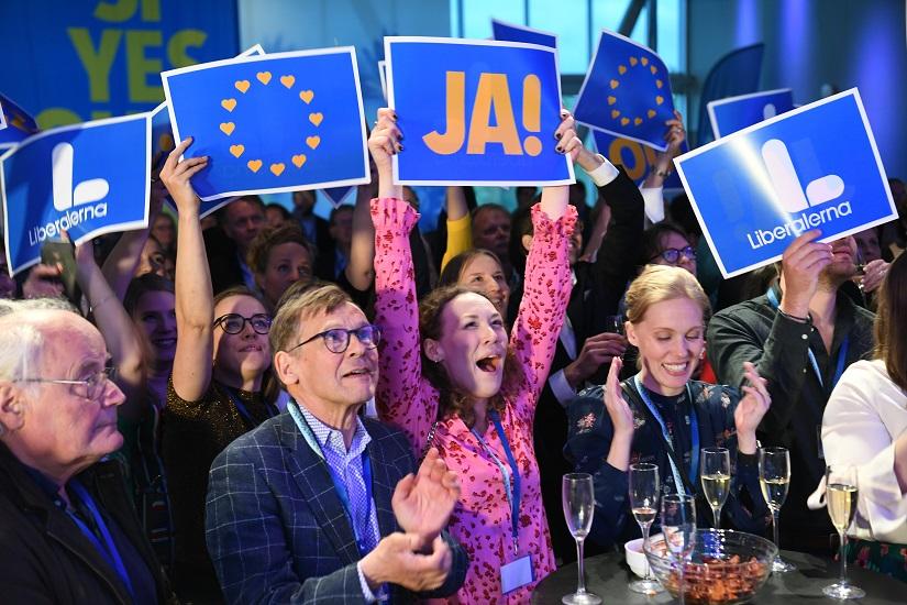 Party members celebrate during the Liberal party (Liberalerna) election night watch party in Stockholm, Sweden on May 26, 2019. TT News Agency/Fredrik Sandberg/via REUTERS