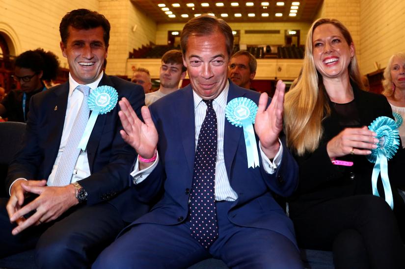 Brexit Party leader Nigel Farage reacts to the results for the European Parliamentary election in Southampton, Britain, May 27, 2019. REUTERS