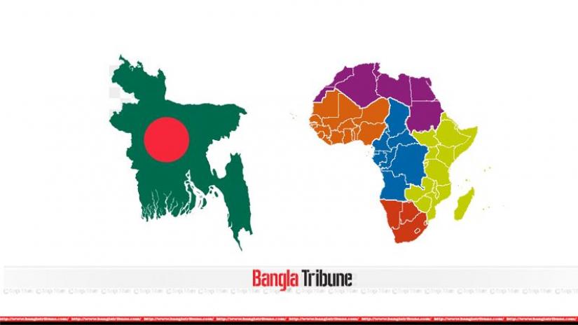 The collage shows the map of Bangladesh and Africa.