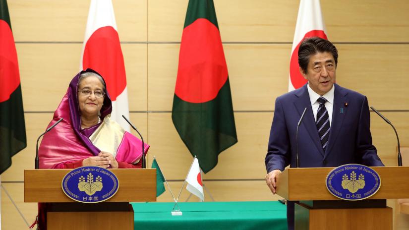 Bangladesh Prime Minister Sheikh Hasina and her Japanese counterpart, Shinzo Abe shake hands at his office in Japan on Wednesday, May 29, 2019 BSS