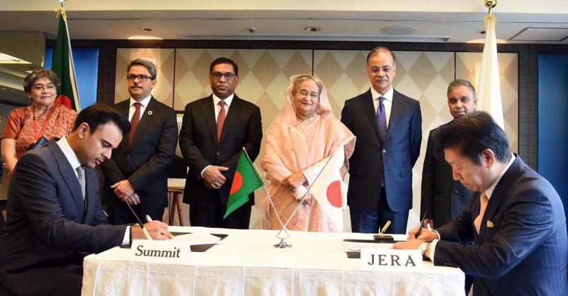 Faisal Khan, Director of Summit Group and Toshiro Kudama, CEO of JERA Asia signed the MoU on behalf of their respective sides at Hotel New Otani in Tokyo on Wednesday (May 29) in presence of Prime Minister Sheikh Hasina. PID