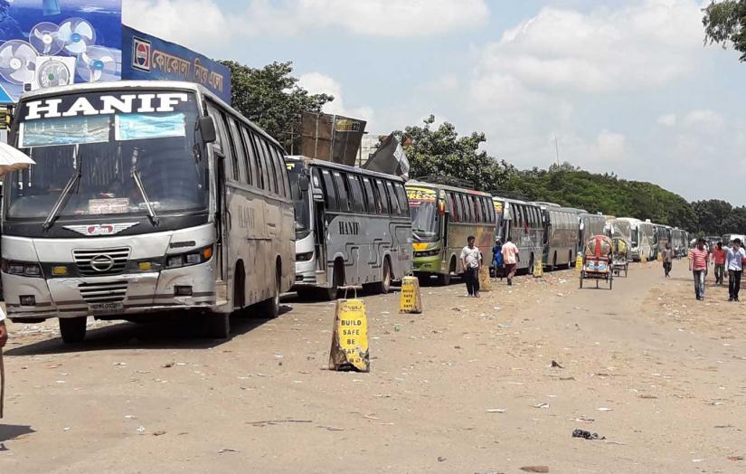 Buses seen waiting at the Paturia Ferry Ghatt as people start to leave Dhaka for their native places to celebrate Eid-ul-Fitr with their families on Wednesday, May 29, 2019 COURTESY