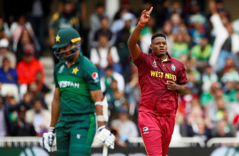 West Indies` Oshane Thomas celebrates taking the wicket of Pakistan`s Wahab Riaz at Trent Bridge, Nottingham, Britain on May 31, 2019. Reuters