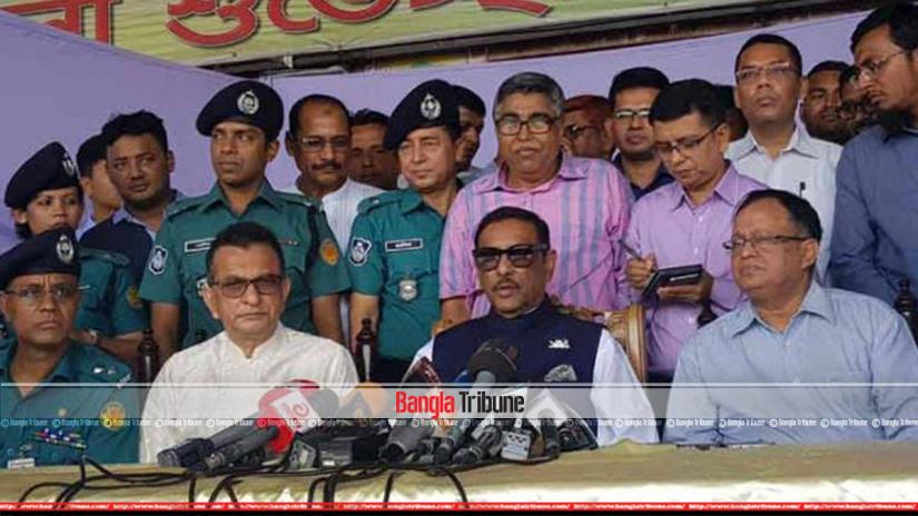 Awami League General Secretary Obaidul Quader speaks to the media after visiting the Mohakhali Bus Terminal in Dhaka on Saturday (Jun 1).