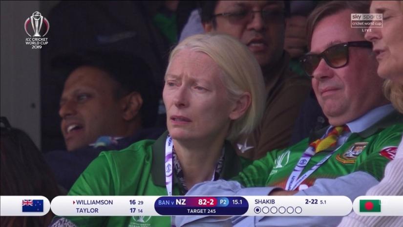 Academy Award-winning British actor Tilda Swinton seen in what seems to be a Bangladesh jersey in the Bangladesh - New Zealand game at the Cricket World Cup 2019 at London`s Oval on Wednesday, June 5, 2019 Isabelle Westbury/Twitter
