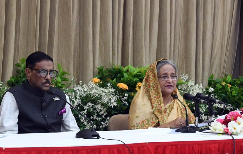 Sheikh Hasina and Obaidul Quader at the press conference at her official residence Gono Bhaban on June 9, 2019. Photo: PID