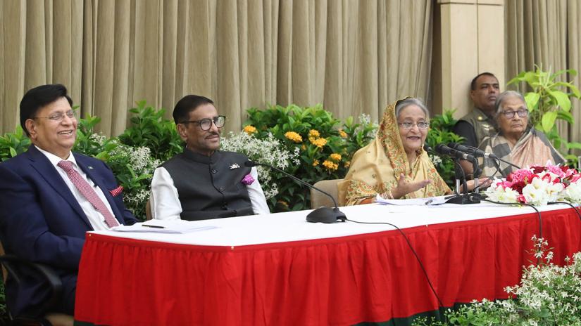 Prime Minister Sheikh Hasina addressing a crowded press conference at Ganabhaban on Sunday (Jun 9). Focus Bangla
