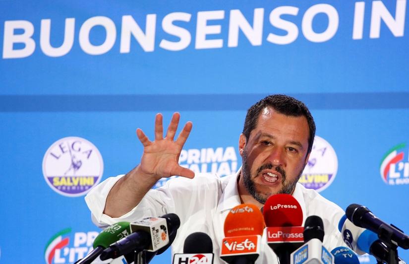 Deputy Prime Minister and League party leader Matteo Salvini speaks to the media at the League party headquarters, following the results of the European Parliament elections, in Milan, Italy May 27, 2019. REUTERS