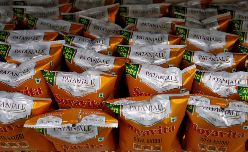 Packets of soya snacks are on display for sale inside a Patanjali store in Ahmedabad, India, March 28, 2019. Picture taken March 28, 2019. REUTERS