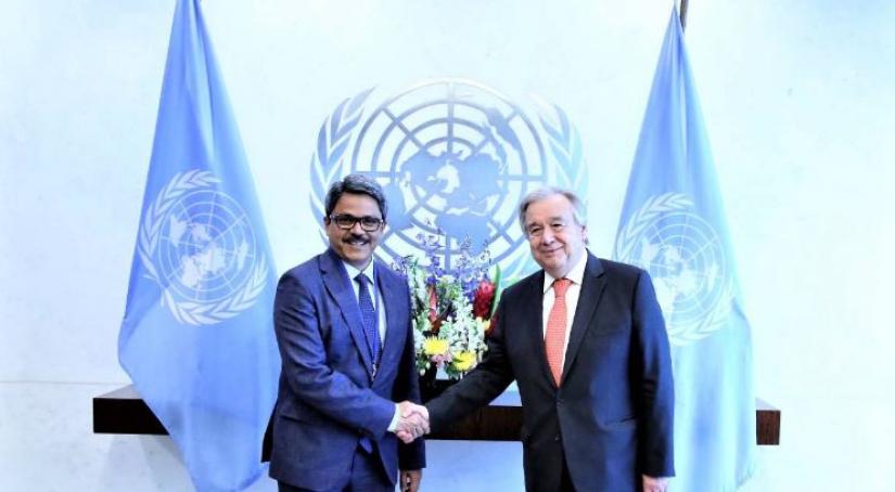 State Minister for Foreign Affairs M Shahriar Alam and UN Secretary General Antonio Guterres held a bilateral meeting on Rohingya issue and the celebration of birth centenary of Bangabandhu Sheikh Mujibur Rahman in New York. Photo: Courtesy