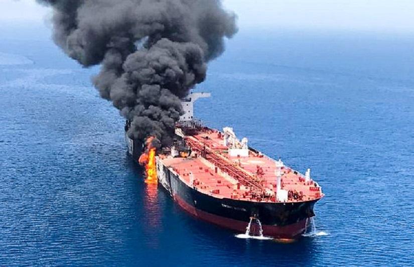 An oil tanker is seen after it was attacked at the Gulf of Oman, June 13, 2019. ISNA/Handout via REUTERS