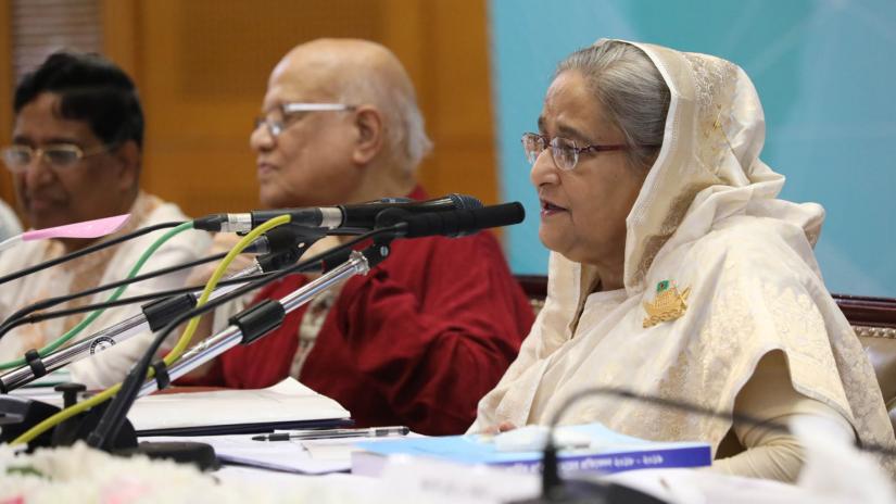 Prime Minister Sheikh Hasina addresses a post-budget press conference at Bangabandhu International Conference Centre, Dhaka on Friday (Jun 14). FOCUS BANGLA