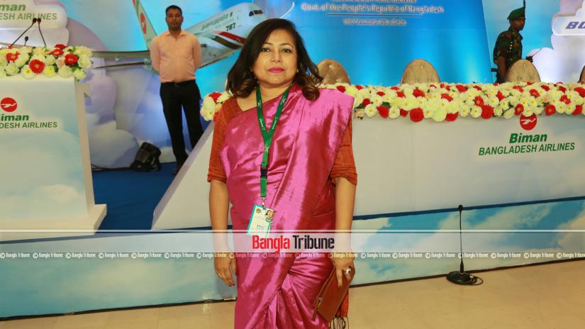 This September 2018 photo shows Tahera Khandker during the induction ceremony of Biaman’s Aakashbeena Boeing 787-8 Dream Liner at Dhaka Airport.