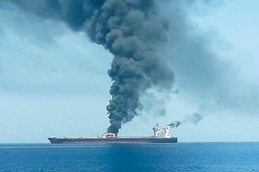 An oil tanker is seen after it was attacked at the Gulf of Oman, June 13, 2019. ISNA/Handout via REUTERS