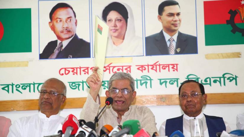 BNP Secretary General Mirza Fakhrul Islam Alamgir speaks at a post-budget media briefing at the party chief Khaleda Zia’s Gulsha office in Dhaka on Friday (Jun 14).