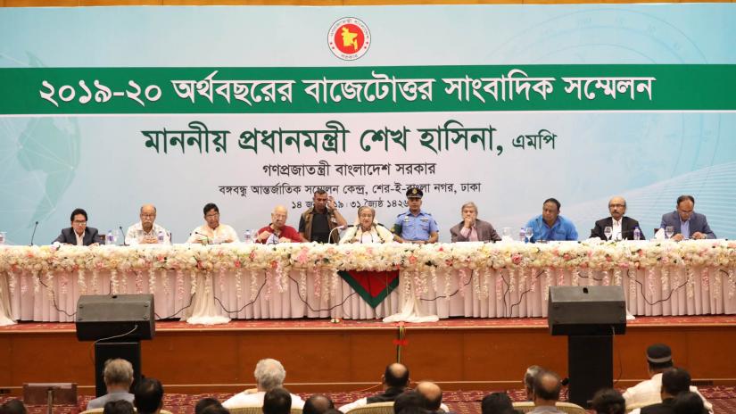 Prime Minister Sheikh Hasina addresses a post-budget press conference at Bangabandhu International Conference Centre, Dhaka on Friday (Jun 14). FOCUS BANGLA