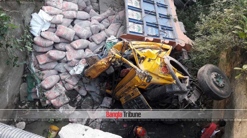 Two people were killed when a cement-laden truck fell off a bridge in Jhenaidah`s Kaliganj`s Chalavara.