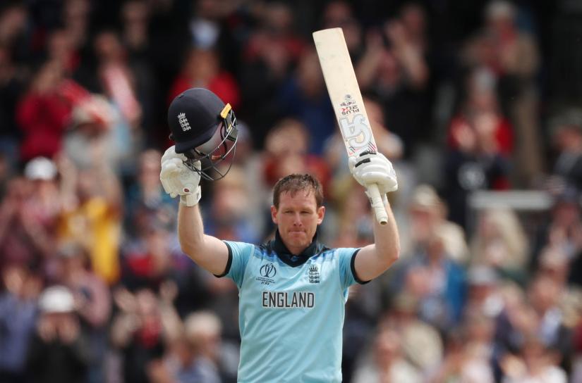 Cricket - ICC Cricket World Cup - England v Afghanistan - Old Trafford, Manchester, Britain - June 18, 2019 England`s Eoin Morgan celebrates his century Action Images via Reuters