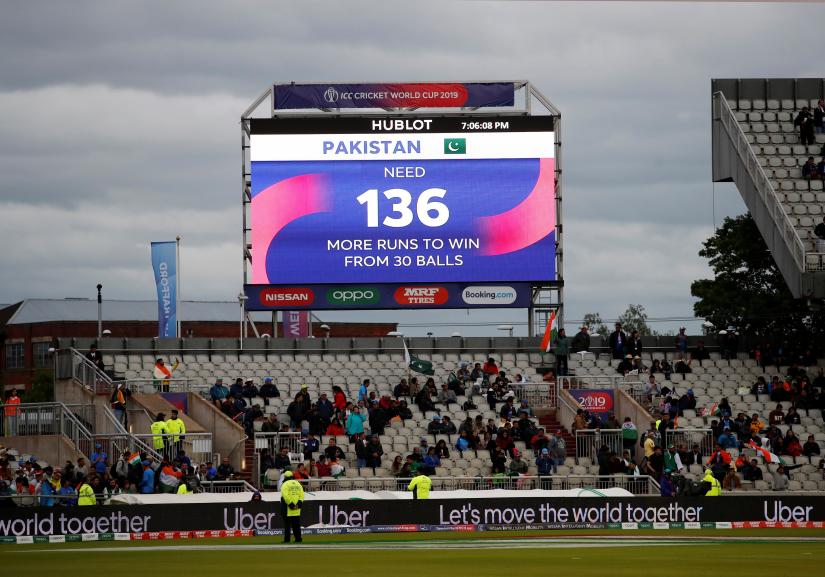 Cricket - ICC Cricket World Cup - India v Pakistan - Emirates Old Trafford, Manchester, Britain - June 16, 2019 General view of the scoreboard after the rain delay Action Images via Reuters
