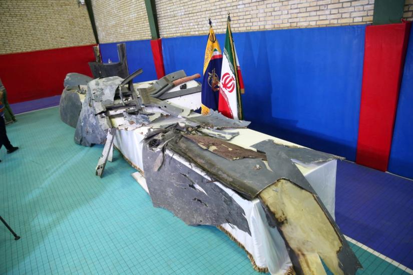 The purported wreckage of the American drone is seen displayed by the Islamic Revolution Guards Corps (IRGC) in Tehran, Iran June 21, 2019. Tasnim News Agency/Handout via REUTERS/File Photo