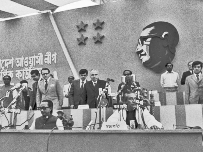 Father of the Nation Bangabandhu  Sheikh Mujibur Rahman attending the party council of Awami League as the chairman of the party. With him is the Secretary General Zillur Rahman in 1974.