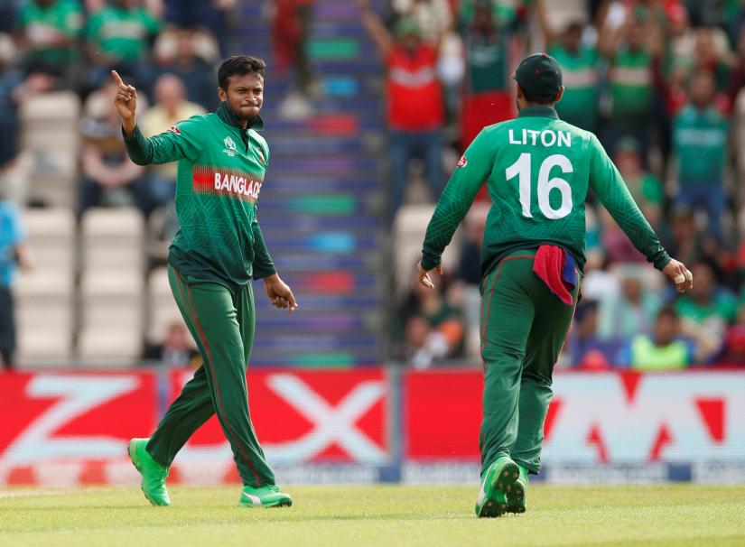 Cricket - ICC Cricket World Cup - Bangladesh v Afghanistan - The Ageas Bowl, Southampton, Britain - June 24, 2019 Bangladesh`s Shakib Al Hasan celebrates after taking the wicket of Afghanistan`s Mohammad Nabi Action Images via Reuters