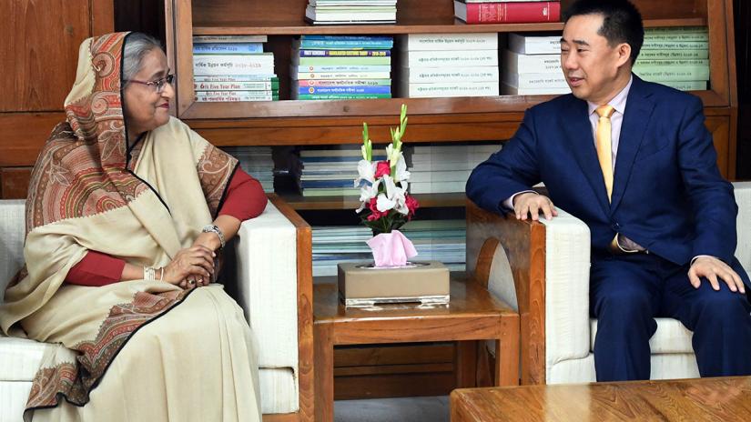 Prime Minister Sheikh Hasina with with Chinese envoy to Bangladesh Zhang Zuo at her Sangsad Bhaban office on Tuesday (Jun 25).