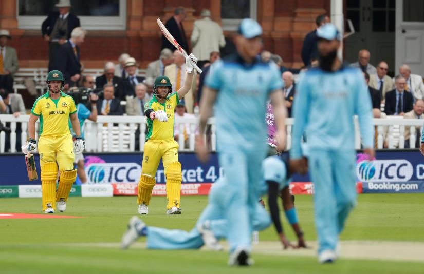 Cricket - ICC Cricket World Cup - England v Australia - Lord`s Cricket Ground, London, Britain - June 25, 2019 Australia`s David Warner and Aaron Finch walk out to bat Action Images via Reuters