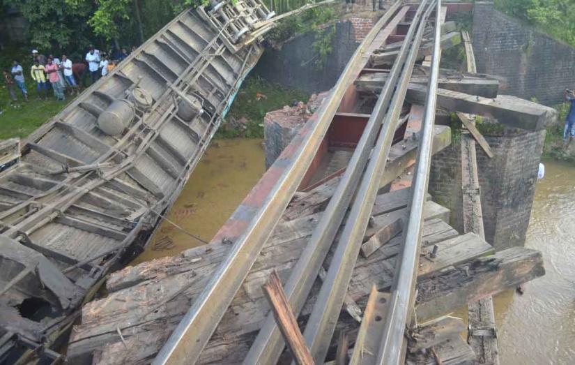 Photo shows one of the derailed compartments of upaban express train at Baramchal in Moulvibazar’s Kulaura upazila on Monday, June 24, 2019. COURTESY