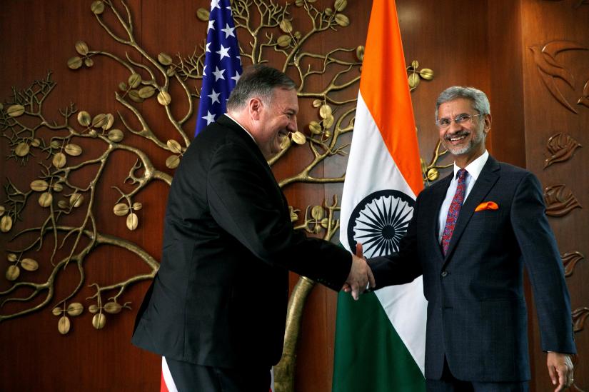 U.S. Secretary of State Mike Pompeo shakes hands with Indian Foreign Minister Subrahmanyam Jaishankar during their meeting at the Foreign Ministry in New Delhi, India, June 26, 2019.Pool via REUTERS