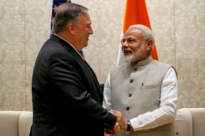U.S. Secretary of State Mike Pompeo, left, shakes hands with Indian Prime Minister Narendra Modi, during their meeting at the Prime Minister`s Residence, Wednesday, June 26, 2019, in New Delhi, India.Pool via REUTERS