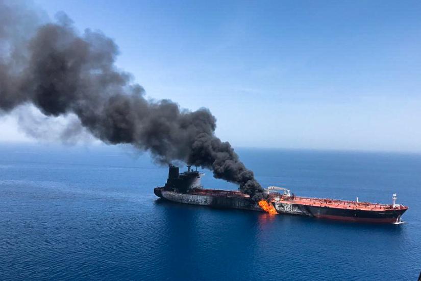 An oil tanker is seen after it was attacked at the Gulf of Oman, in waters between Gulf Arab states and Iran, June 13, 2019. ISNA/Handout via REUTERS