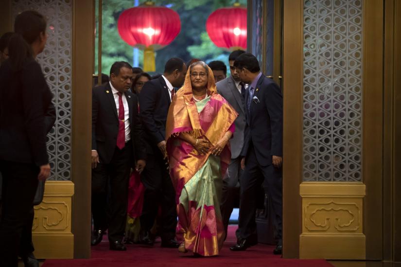 Bangladeshi Prime Minister Sheikh Hasina arrives for a meeting with Chinese President Xi Jinping at the Diaoyutai State Guesthouse in Beijing, China July 5, 2019. Pool via REUTERS