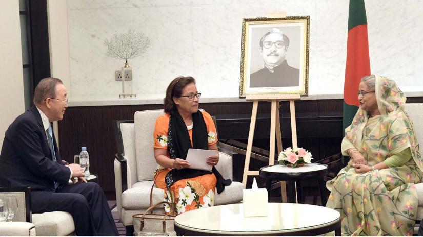 Former UN Secretary-General and Global Commission on Adaptation chair Ban Ki-Moon and Marshall Islands President Dr Hilda C Heine call on Prime Minister Sheikh Hasina on the sidelines of the two-day Dhaka Meeting on climate change in a city hotel on Wednesday. PID