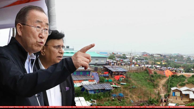 Former UN Secretary General Ban Ki-moon visited a Rohingya makeshift camp in Cox`s Bazar along with Marshal Island President Dr Hilda Heine and World Bank CEO Dr Kristaline Georgieva. FOCUS BANGLA