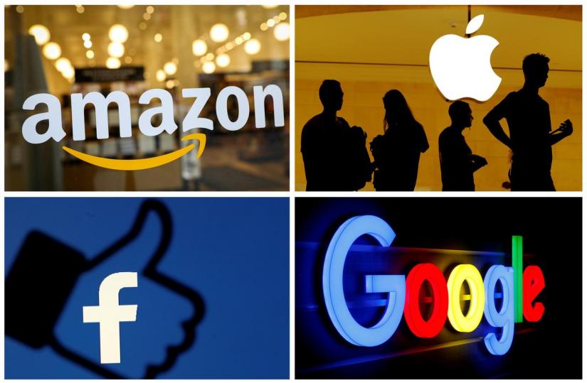 A combination of the logos of Amazon, Apple, Facebook and Google. Reuters files