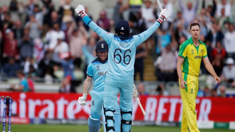 ICC Cricket World Cup Semi Final - Australia v England - Edgbaston, Birmingham, Britain - July 11, 2019 England`s Eoin Morgan and Joe Root celebrate after the match Action Images via Reuters