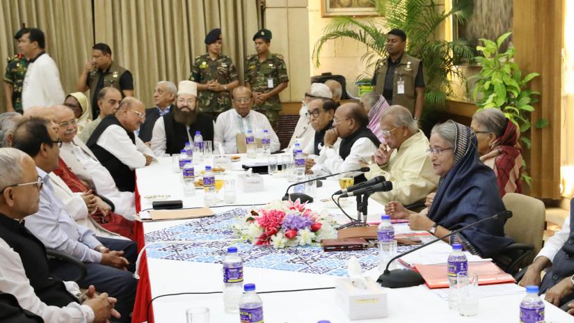 Prime Minister and Awami League President Sheikh Hasina delivers her introductory speech at a meeting of the AL Advisory Committee and Central Working Committee at her official Ganabhaban residence in Dhaka on Friday (Jul 12). FOCUS BANGLA