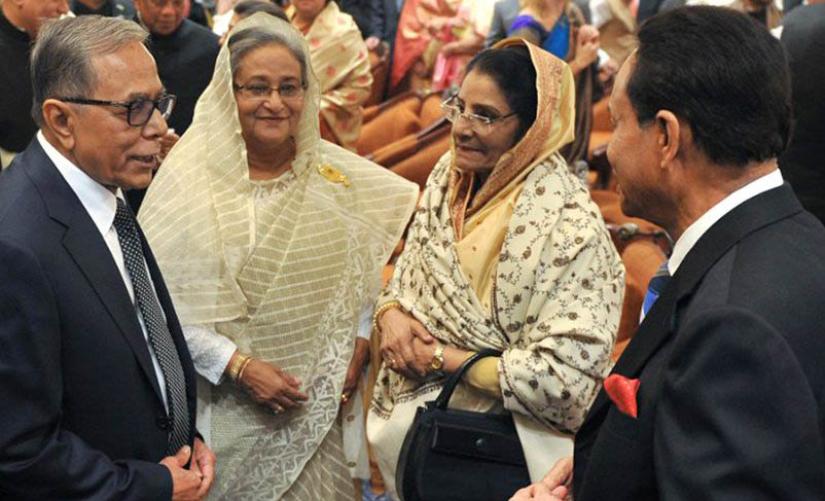 President Abdul Hamid (L), Prime Minister Sheikh Hasina, Rawshan Ershad and Jatiya Party (JaPa) Chairman HM Ershad at Bangabhaban on Jan 12, 2014. Photo: Collected.