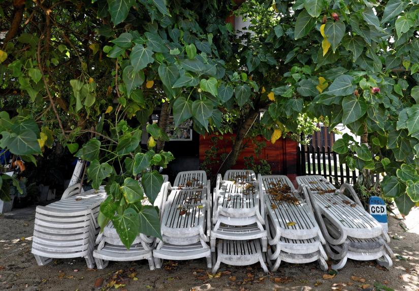 Sunbathing chairs are seen near a hotel at Unawatuna beach in Galle, Sri Lanka July 4, 2019. Picture taken July 4, 2019. REUTERS