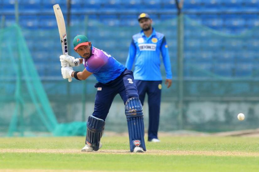 Prime Bank`s Anamul Haque plays a shot against Abahani during their DPL 50-over match at Fatullah PHOTO/Md Manik