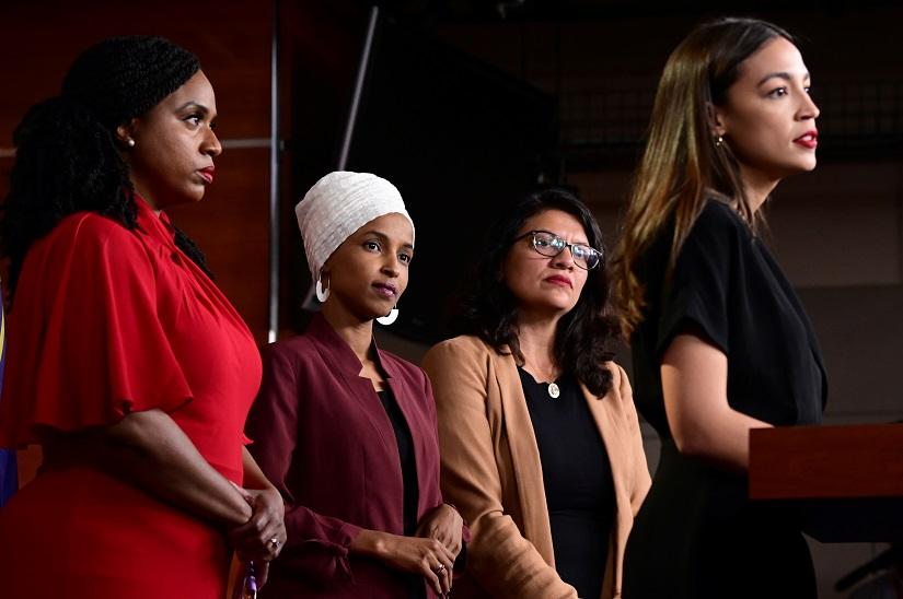 US Reps Ayanna Pressley (D-MA), Ilhan Omar (D-MN), Rashida Tlaib (D-MI) and Alexandria Ocasio-Cortez (D-NY) hold a news conference after Democrats in the US Congress moved to formally condemn President Donald Trump`s attacks on the four minority congresswomen on Capitol Hill in Washington, US, July 15, 2019. REUTERS