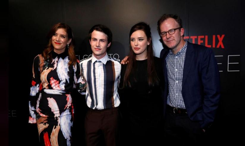 FILE PHOTO: Director Tom McCarthy (R) poses with cast members Kate Walsh (L), Dylan Minnette and Katherine Langford at a screening for the television series `13 Reasons Why` in Beverly Hills, California U.S., June 2, 2017. REUTERS/File Photo