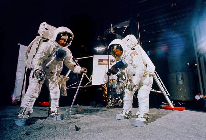 Apollo 11 astronauts Buzz Aldrin (L) and Neil Armstrong during a training session for their lunar EVA at NASA`s Mission Control Center in Houston, Texas, June 5, 1969. Courtesy NASA/Handout via REUTERS