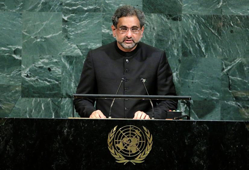 Pakistani Prime Minister Shahid Khaqan Abbasi addresses the 72nd United Nations General Assembly at UN headquarters in New York, US, Sept 21, 2017. REUTERS/File Photo