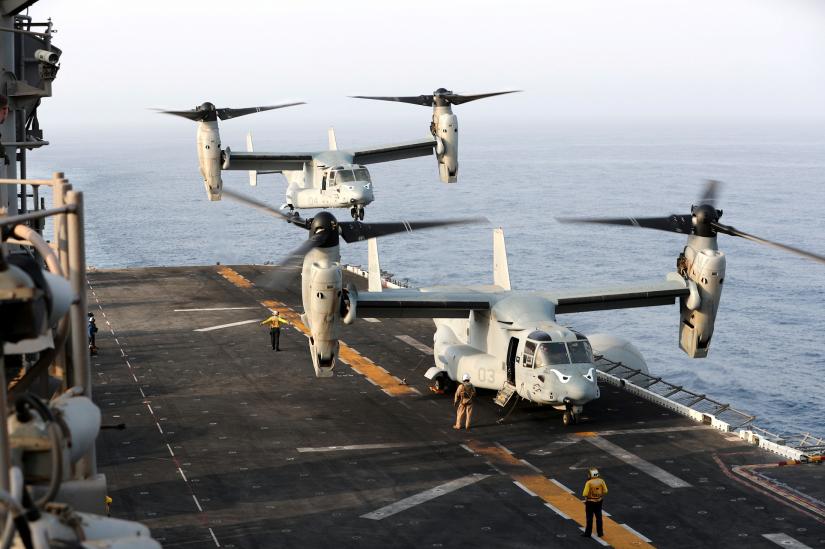 An MV-22 Osprey aircraft lands on the deck of the USS Boxer (LHD-4) in the Arabian Sea off Oman July 15, 2019. REUTERS