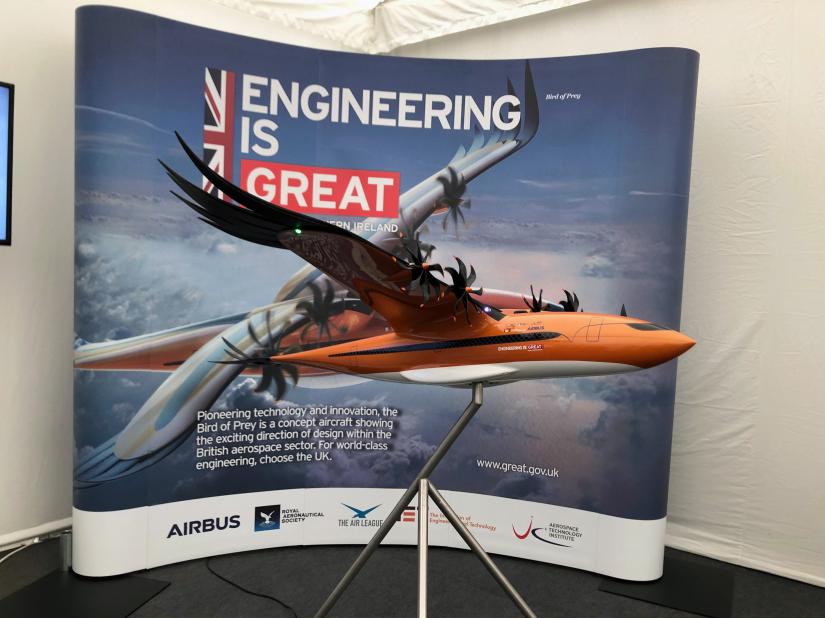 An Airbus concept aircraft with a wing design inspired by nature, dubbed Bird of Prey, is displayed at the Royal International Air Tattoo at Raf Fairford, near Fairford, Britain July 19, 2019. REUTERS