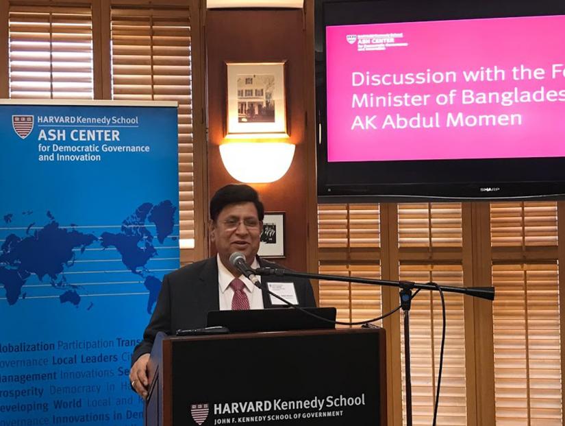Foreign Minister Dr AK Abdul Momen addressing a seminar titled ‘International Rohingya Awareness Conference’ held at the Ash Center for Democratic Governance and Innovation at Harvard University’s  Kennedy School in Cambridge, Massachusetts of the USA on Friday (Jul 19), 2019. PID