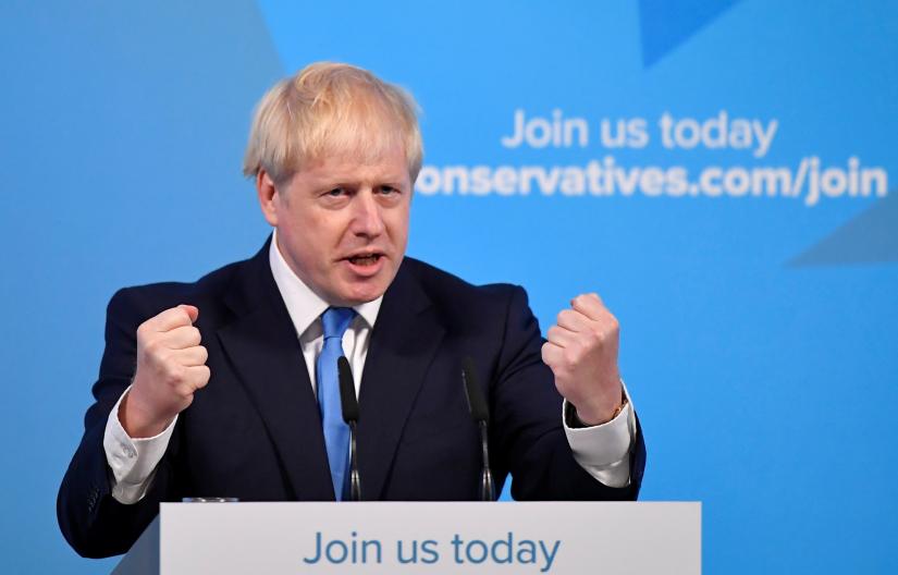 Boris Johnson speaks after being announced as Britain`s next Prime Minister at The Queen Elizabeth II centre in London, Britain July 23, 2019. REUTERS