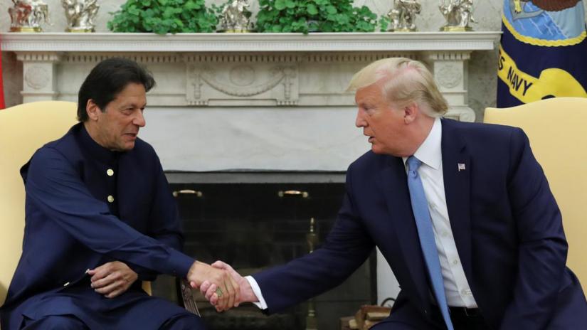 US President Donald Trump greets Pakistan’s Prime Minister Imran Khan in the Oval Office at the White House in Washington, US, Jul 22, 2019. REUTERS